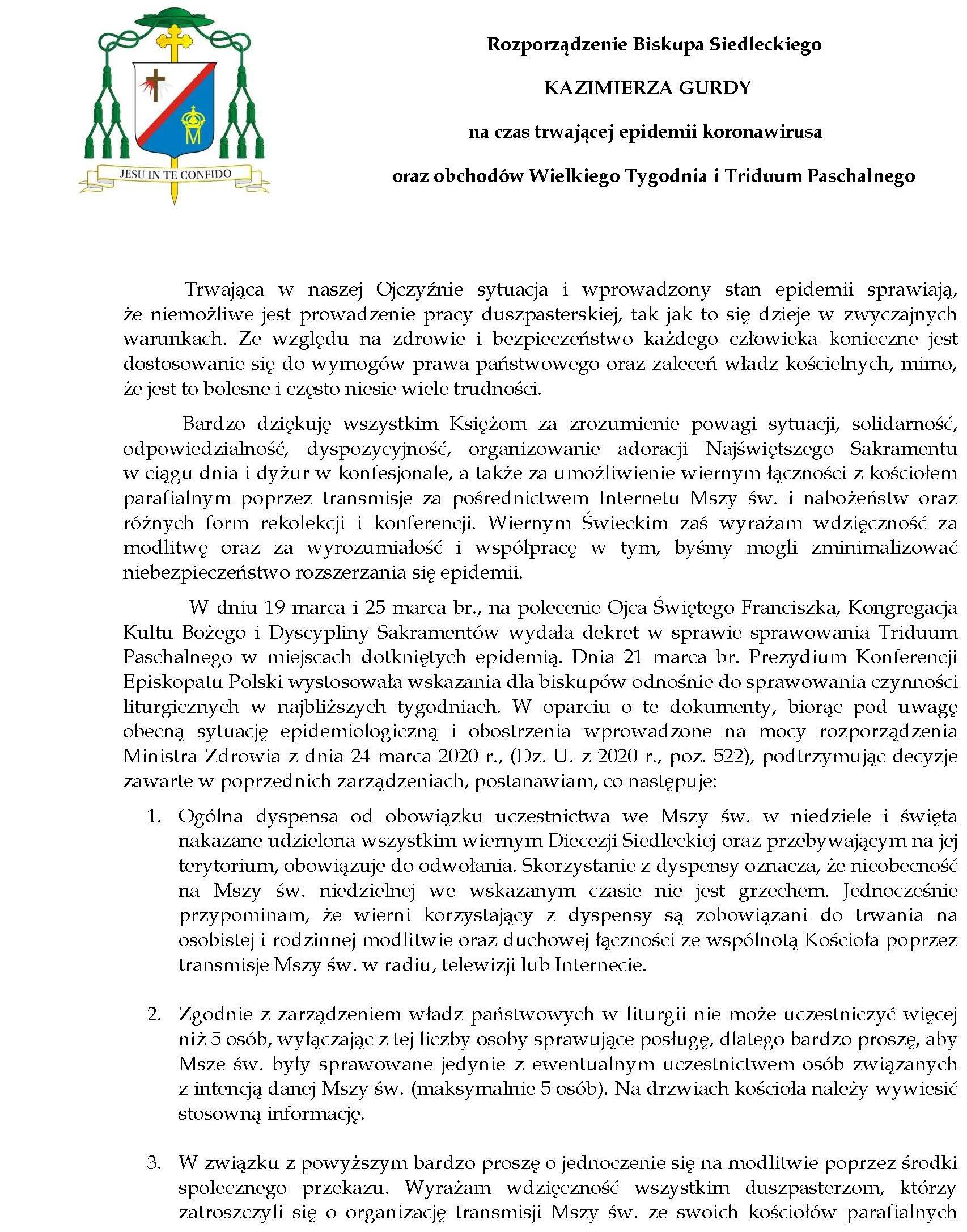 Rozporządzenie na czas trwającej epidemii koronawirusa i obchodów Wielkiego Tygodnia oraz Triduum Paschalnego Strona 1